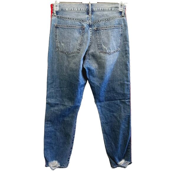 NWOT PISTOLA DISTRESSED WHISKERED RED WHITE SIDE STRIPE DENIM BLUE JEANS SIZE 27 - Picture 4 of 11